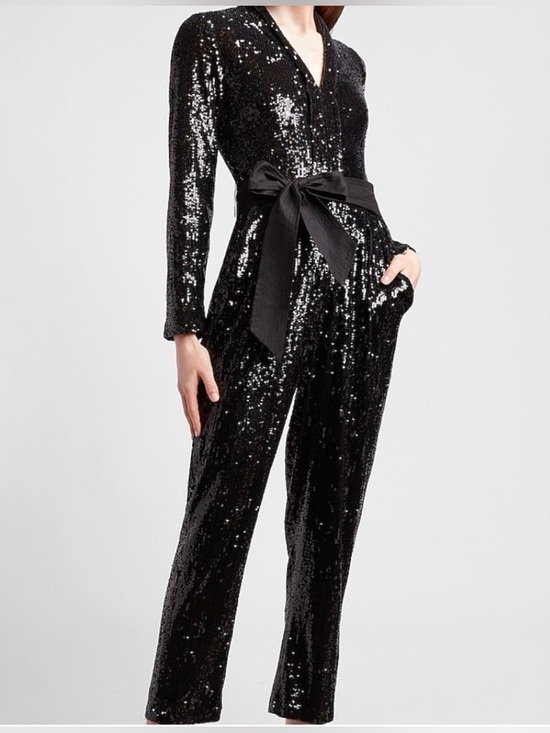 Express Pants - Express Elegant, Glamorous Black Evening Sequin Long-Sleeve Jumpsuit with Sash